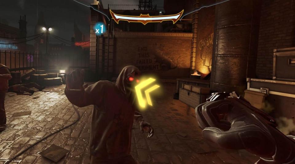 gameplay scene featuring a character confronting a foe in a dark urban environment