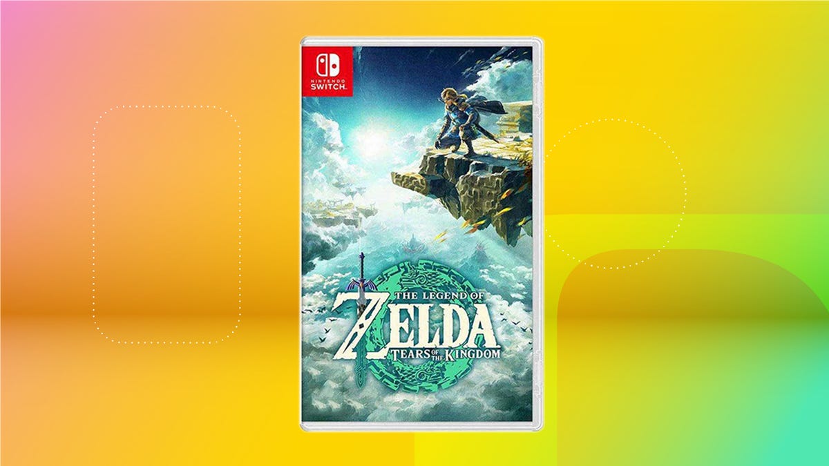 The Legend of Zelda: Tears of the Kingdom on Nintendo Switch on yellow/orange CNET background